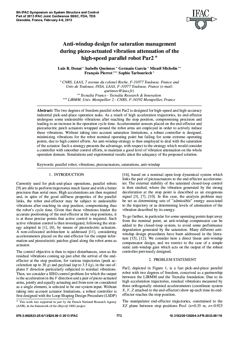 Anti-windup design for saturation management during piezo-actuated vibration attenuation of the high-speed parallel robot Par2* 