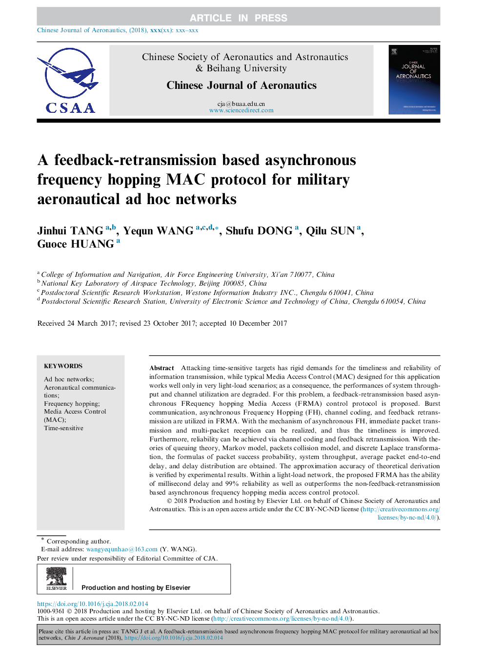 A feedback-retransmission based asynchronous frequency hopping MAC protocol for military aeronautical ad hoc networks