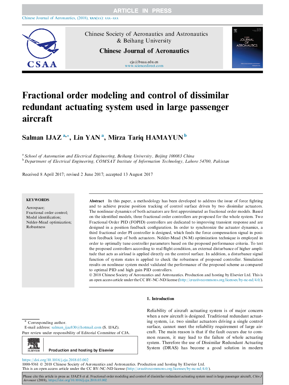 Fractional order modeling and control of dissimilar redundant actuating system used in large passenger aircraft