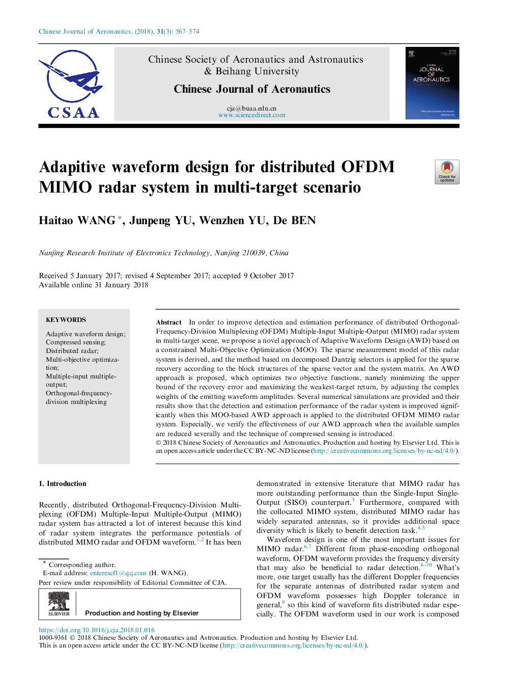 Adapitive waveform design for distributed OFDM MIMO radar system in multi-target scenario