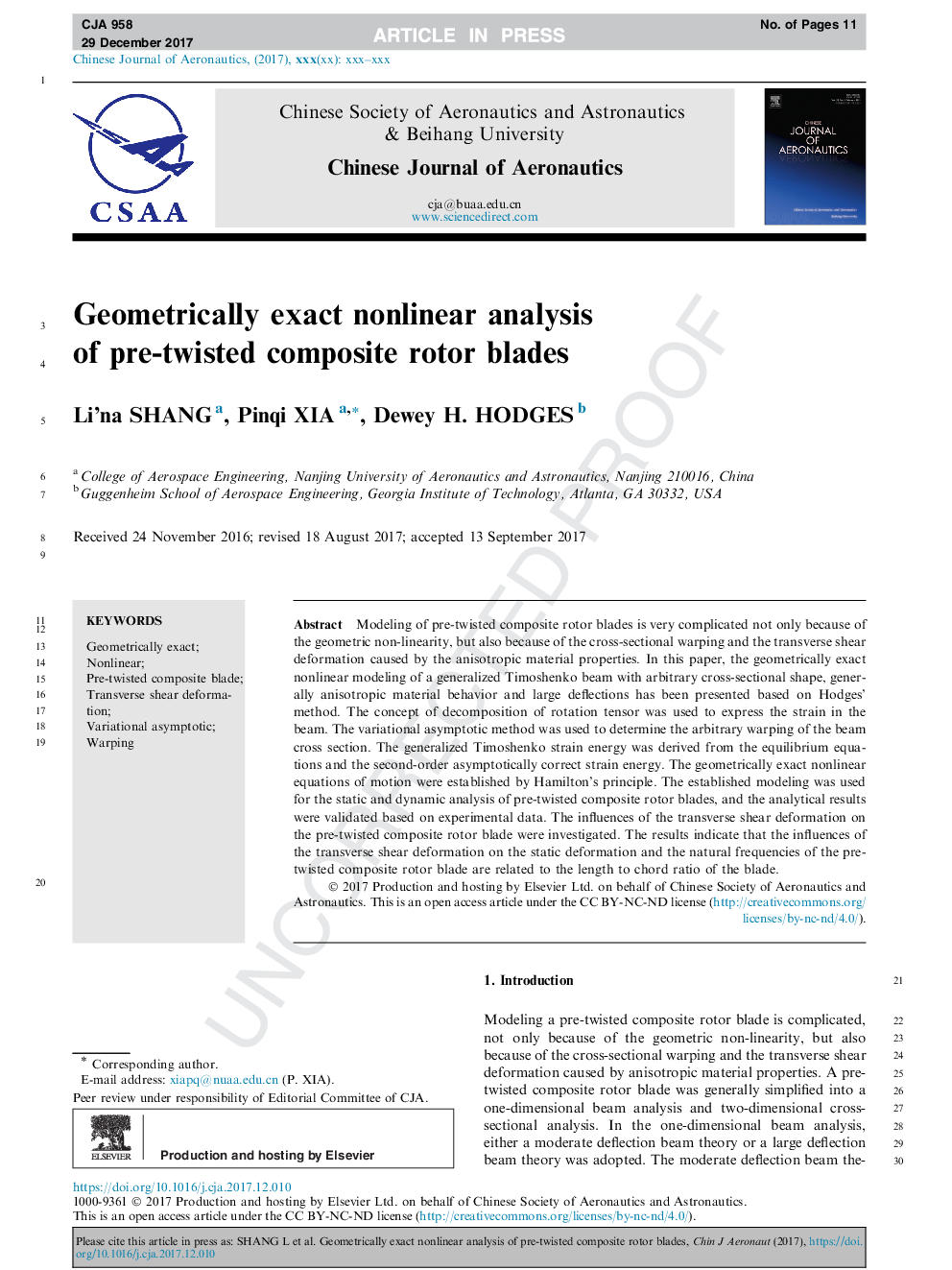 Geometrically exact nonlinear analysis of pre-twisted composite rotor blades