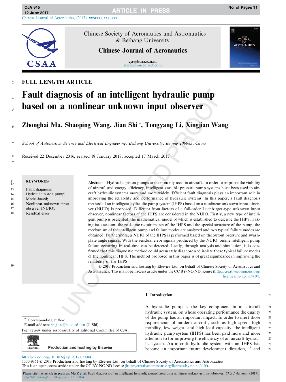 Fault diagnosis of an intelligent hydraulic pump based on a nonlinear unknown input observer