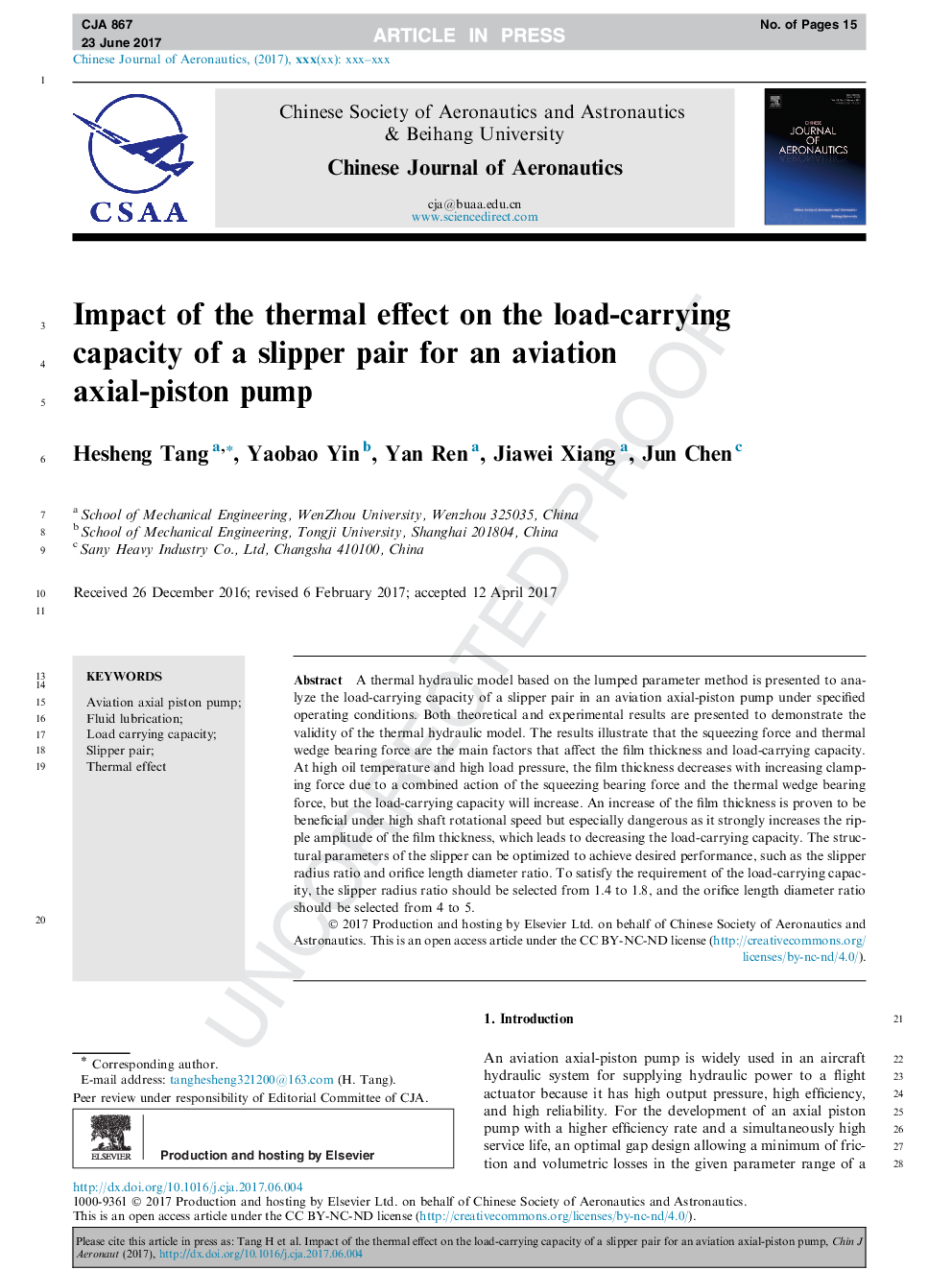 Impact of the thermal effect on the load-carrying capacity of a slipper pair for an aviation axial-piston pump