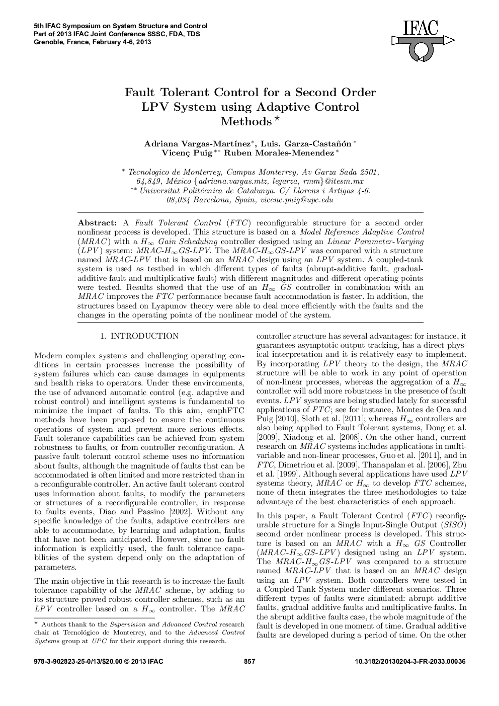 Fault Tolerant Control for a Second Order LPV System using Adaptive Control Methods* 