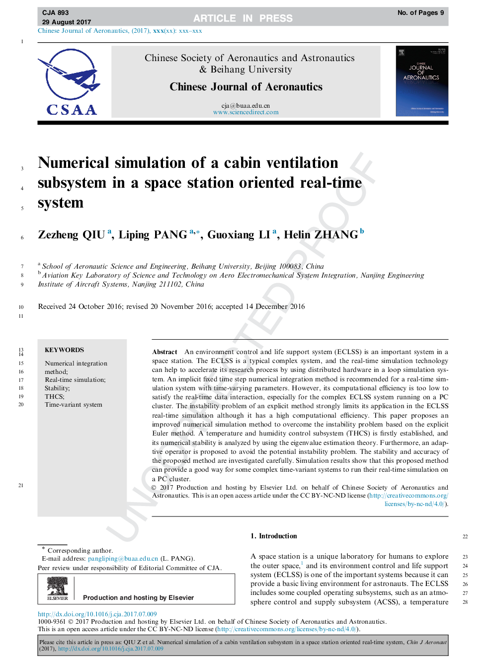 Numerical simulation of a cabin ventilation subsystem in a space station oriented real-time system