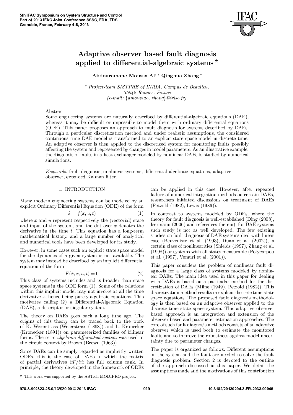 Adaptive observer based fault diagnosis applied to differential-algebraic systems* 