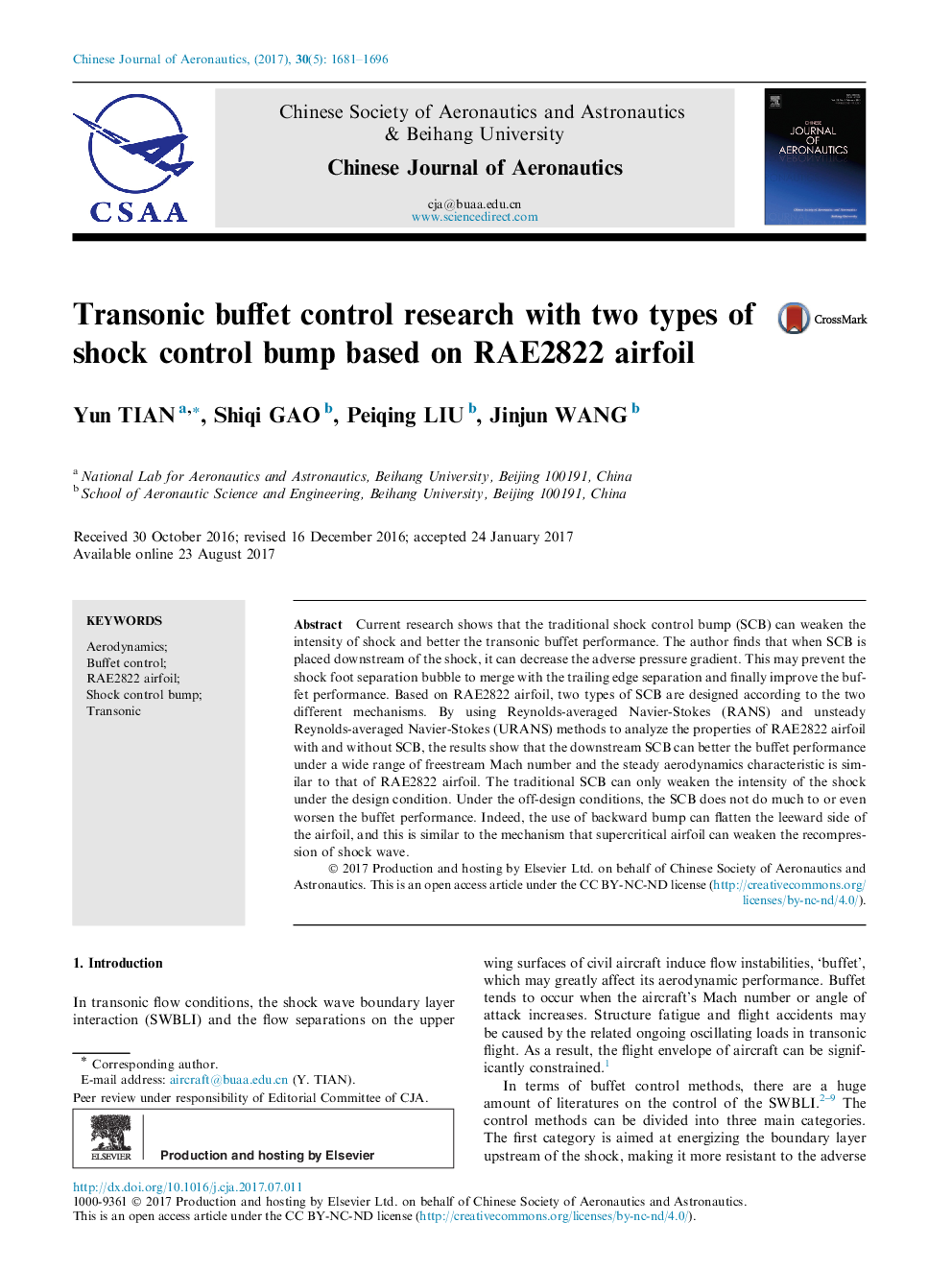 Transonic buffet control research with two types of shock control bump based on RAE2822 airfoil