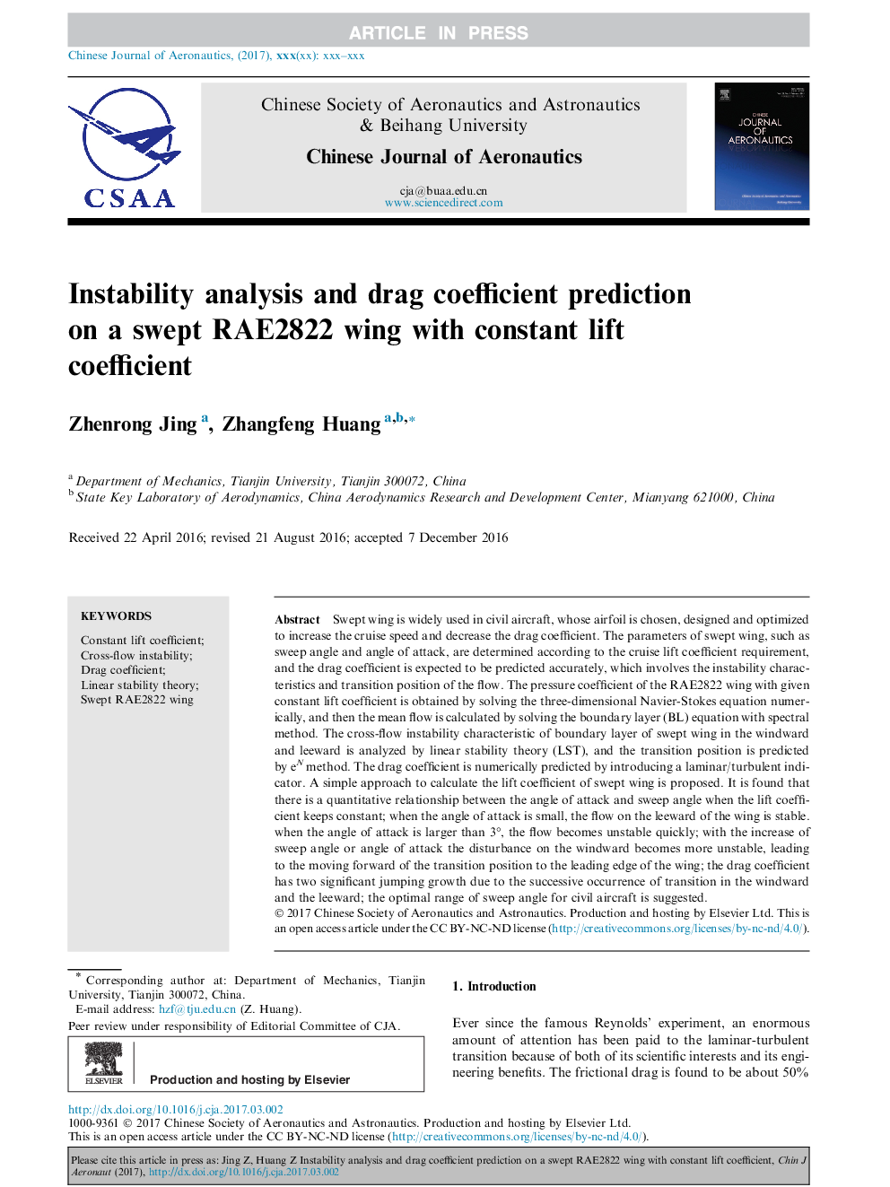 Instability analysis and drag coefficient prediction on a swept RAE2822 wing with constant lift coefficient