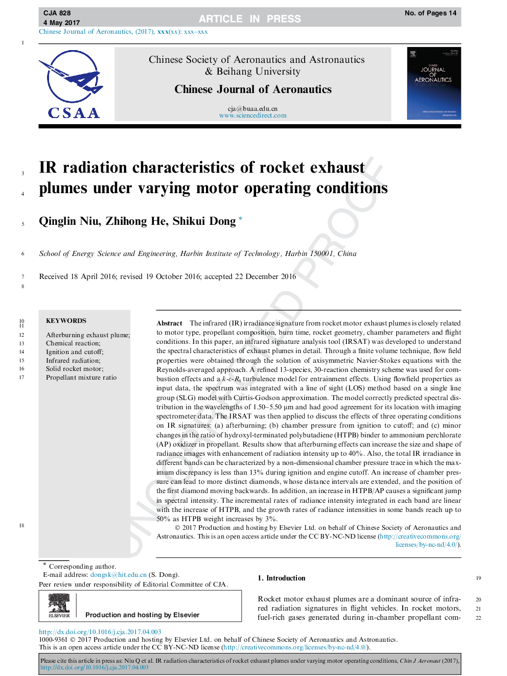 IR radiation characteristics of rocket exhaust plumes under varying motor operating conditions