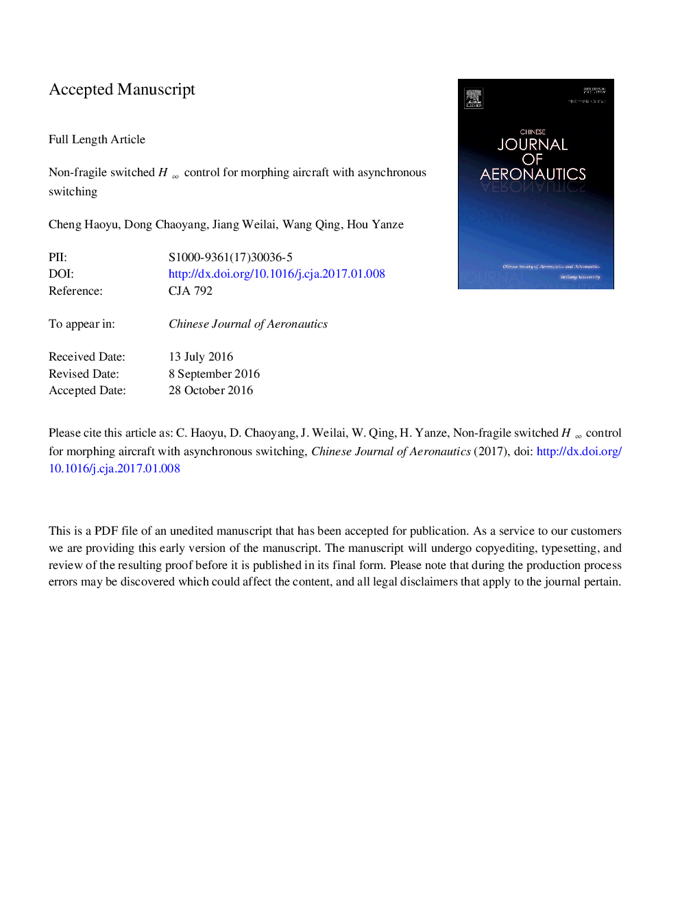 Non-fragile switched Hâ control for morphing aircraft with asynchronous switching