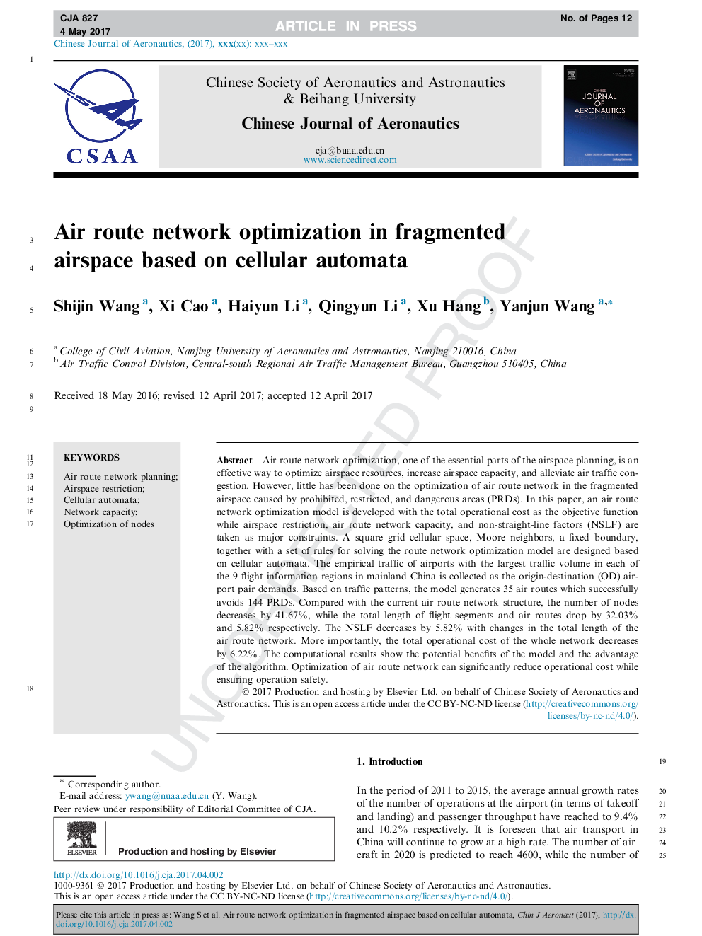 Air route network optimization in fragmented airspace based on cellular automata