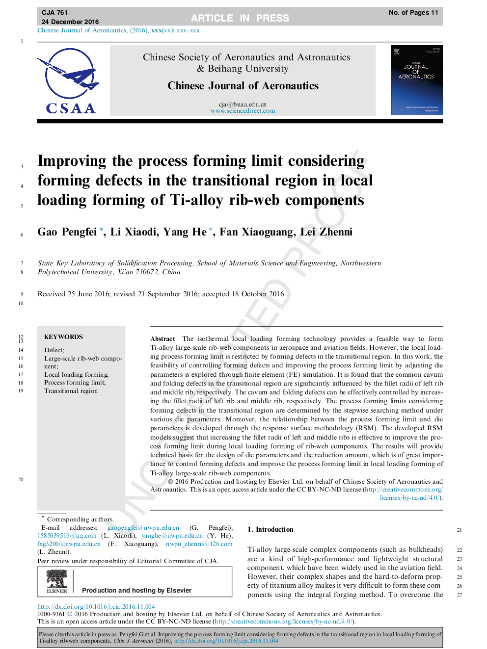 Improving the process forming limit considering forming defects in the transitional region in local loading forming of Ti-alloy rib-web components