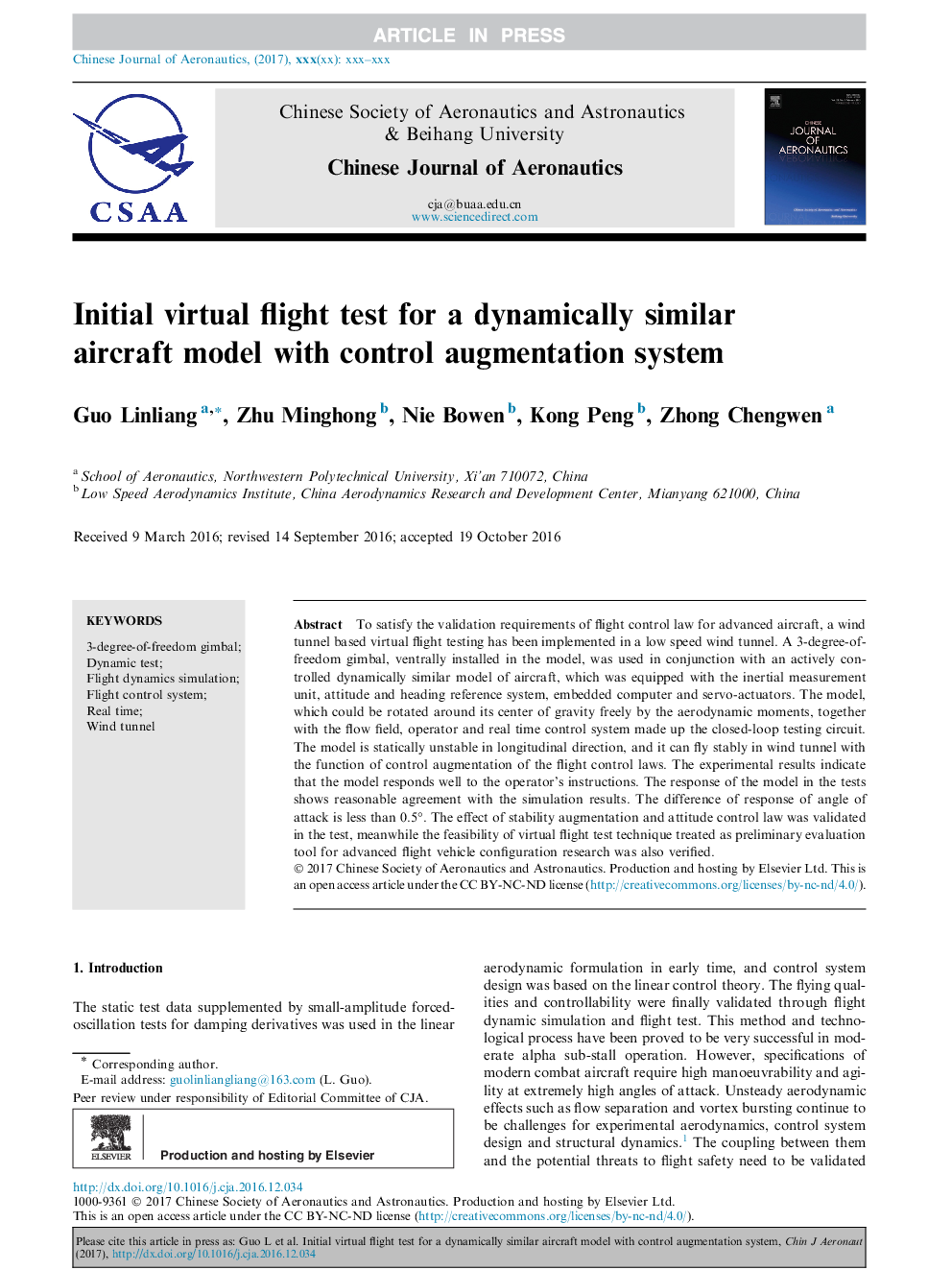 Initial virtual flight test for a dynamically similar aircraft model with control augmentation system