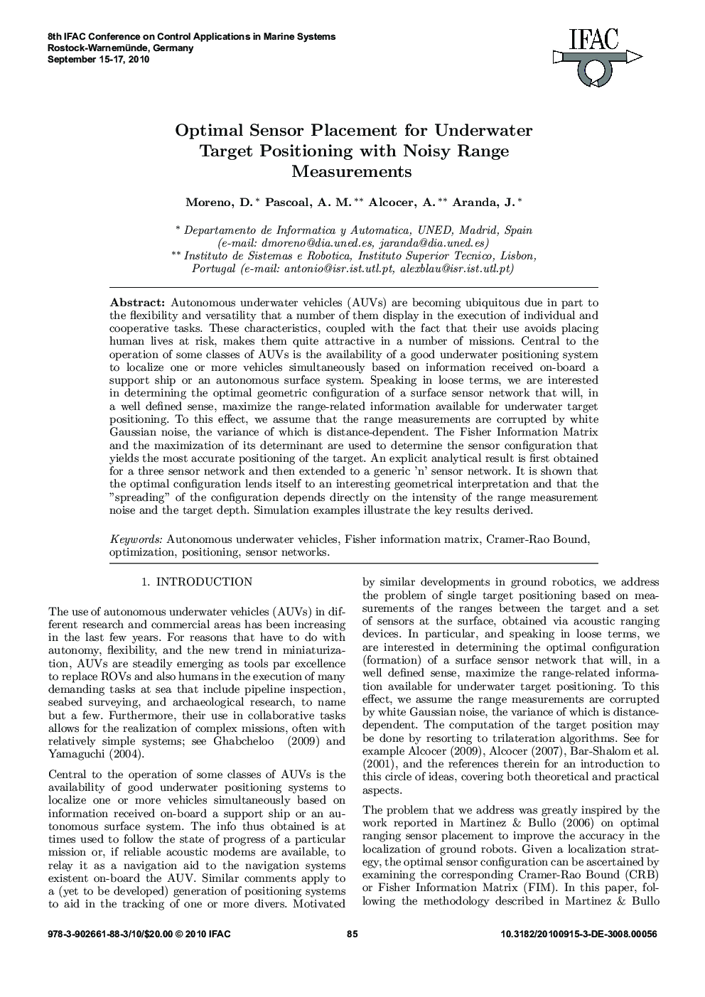 Optimal Sensor Placement for Underwater Target Positioning with Noisy Range Measurements