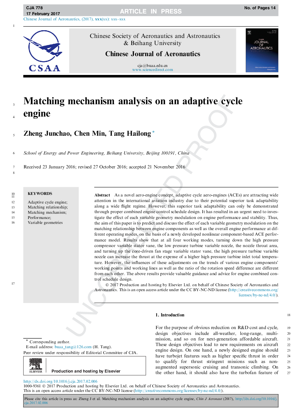 Matching mechanism analysis on an adaptive cycle engine