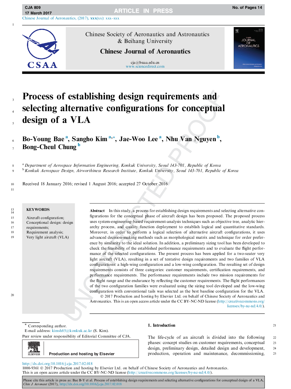 Process of establishing design requirements and selecting alternative configurations for conceptual design of a VLA