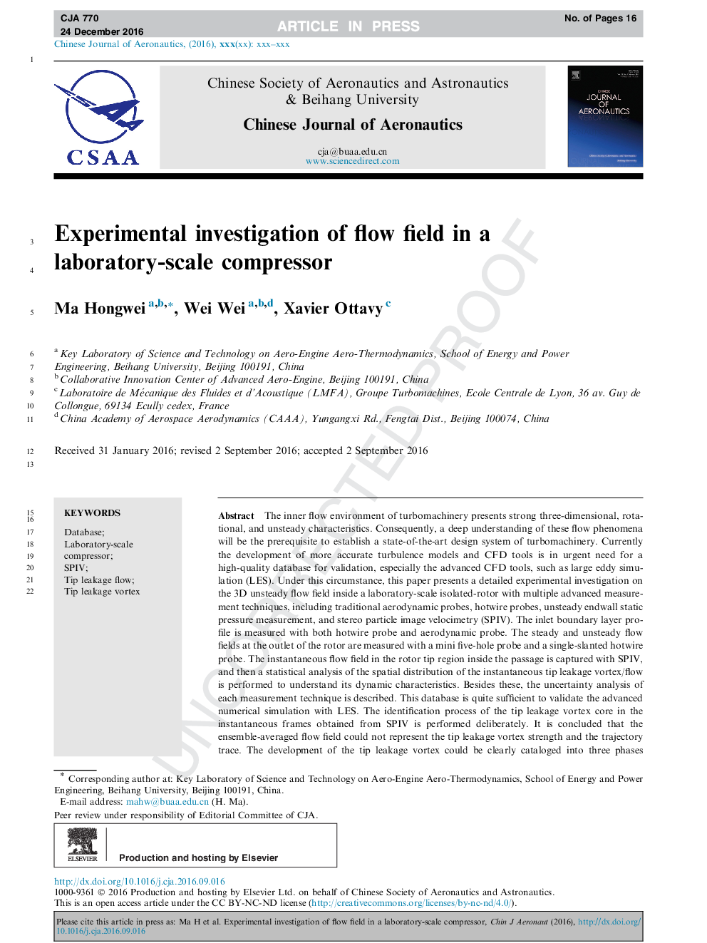 Experimental investigation of flow field in a laboratory-scale compressor