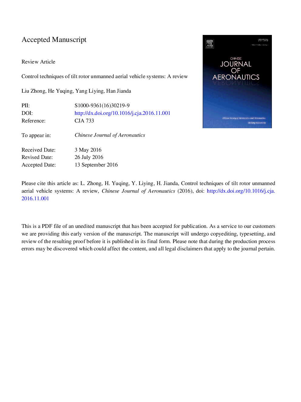 Control techniques of tilt rotor unmanned aerial vehicle systems: A review