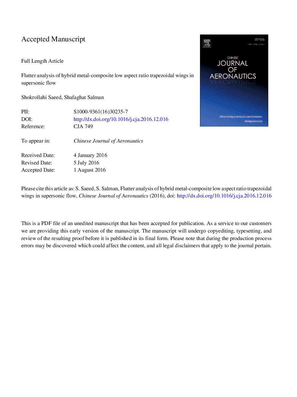 Flutter analysis of hybrid metal-composite low aspect ratio trapezoidal wings in supersonic flow