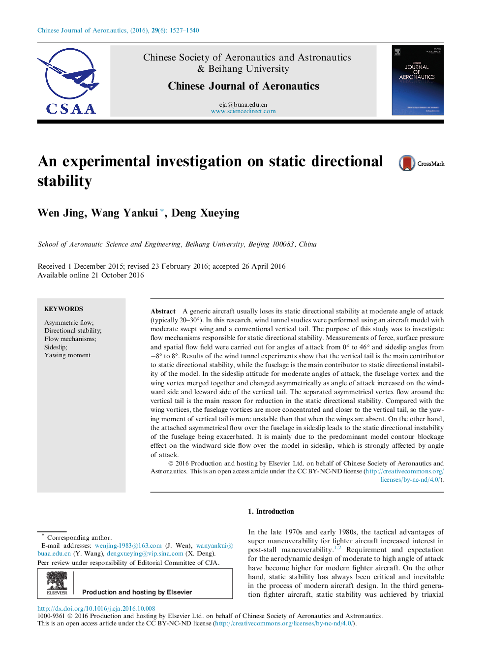 An experimental investigation on static directional stability