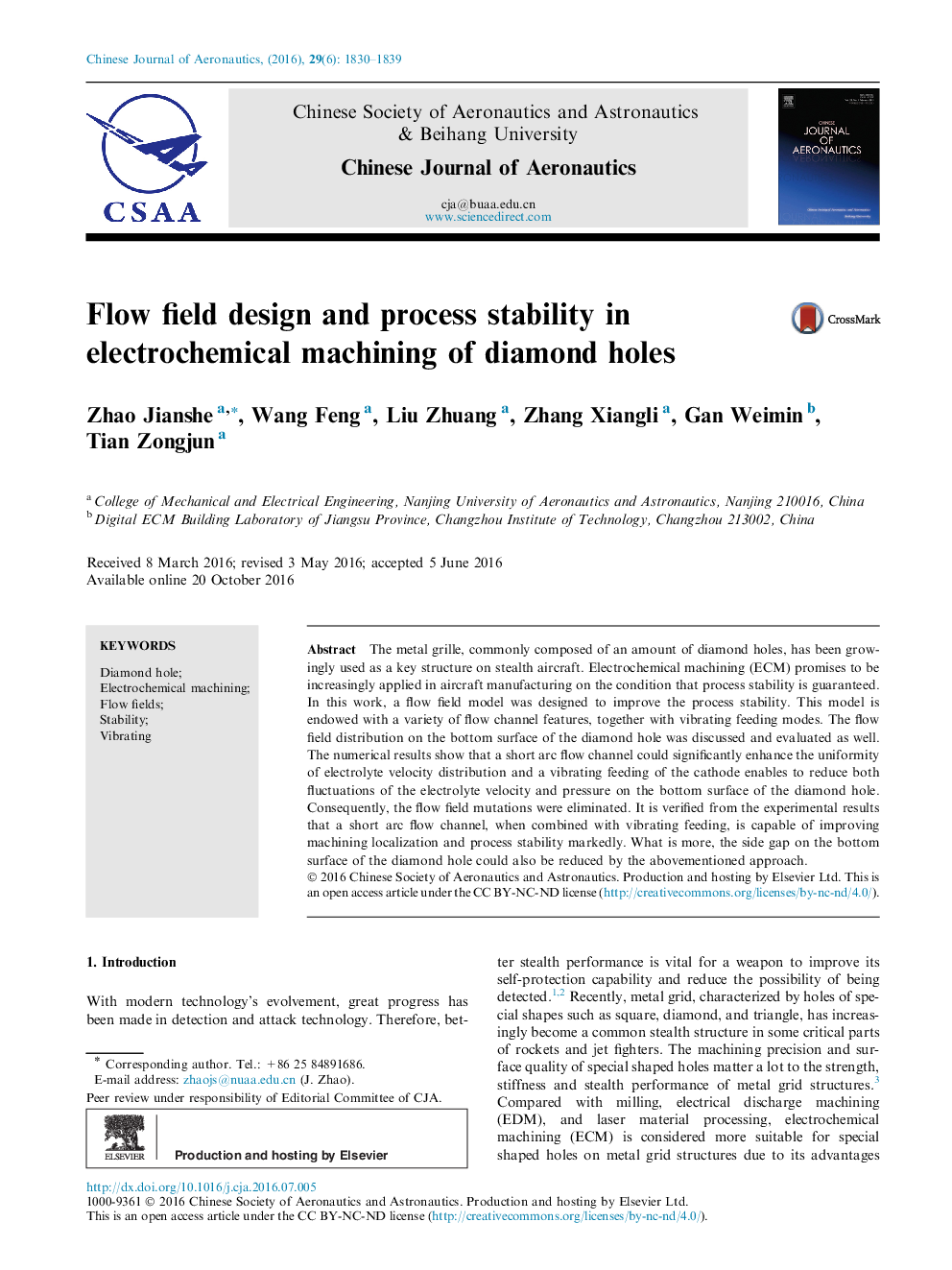 Flow field design and process stability in electrochemical machining of diamond holes