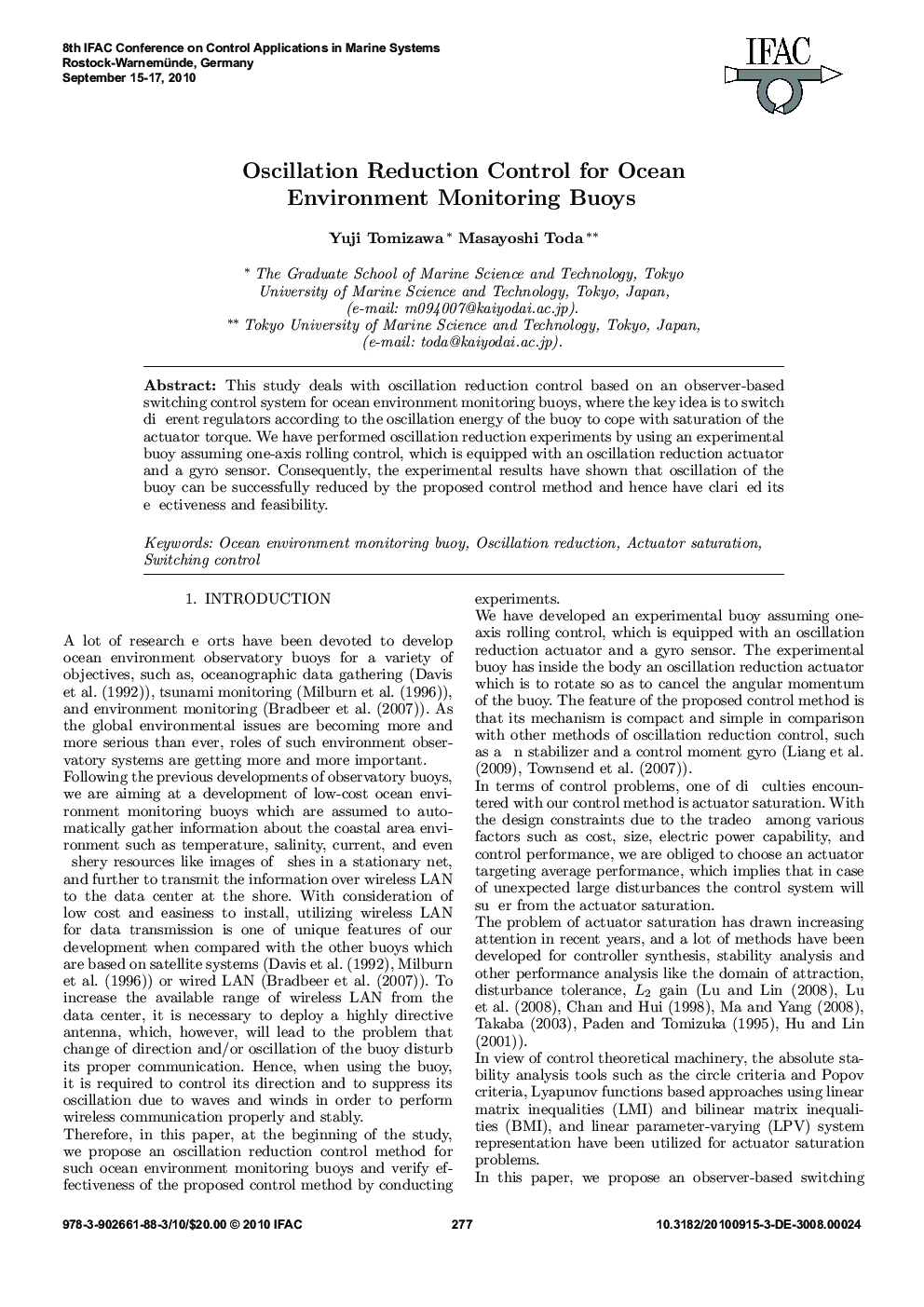 Oscillation Reduction Control for Ocean Environment Monitoring Buoys