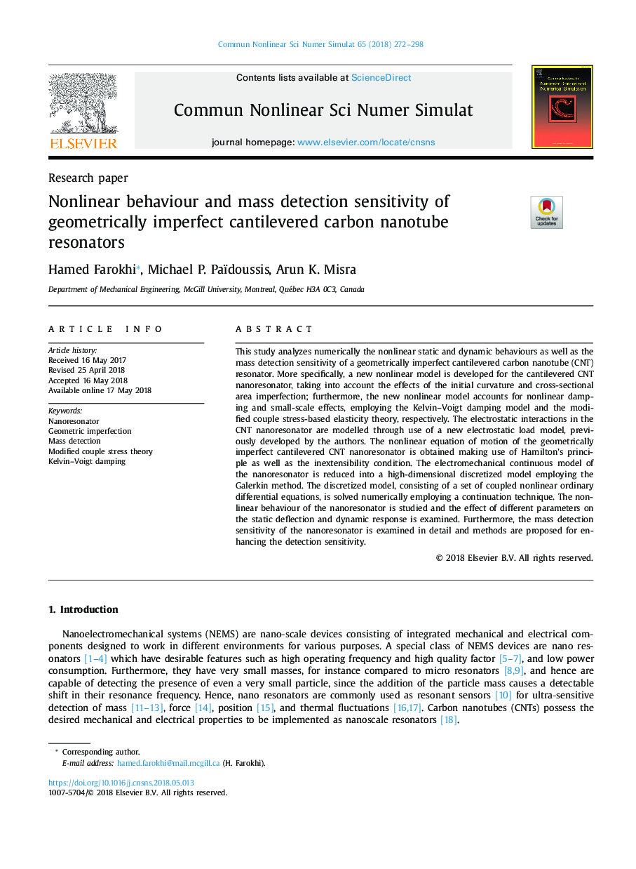 Nonlinear behaviour and mass detection sensitivity of geometrically imperfect cantilevered carbon nanotube resonators