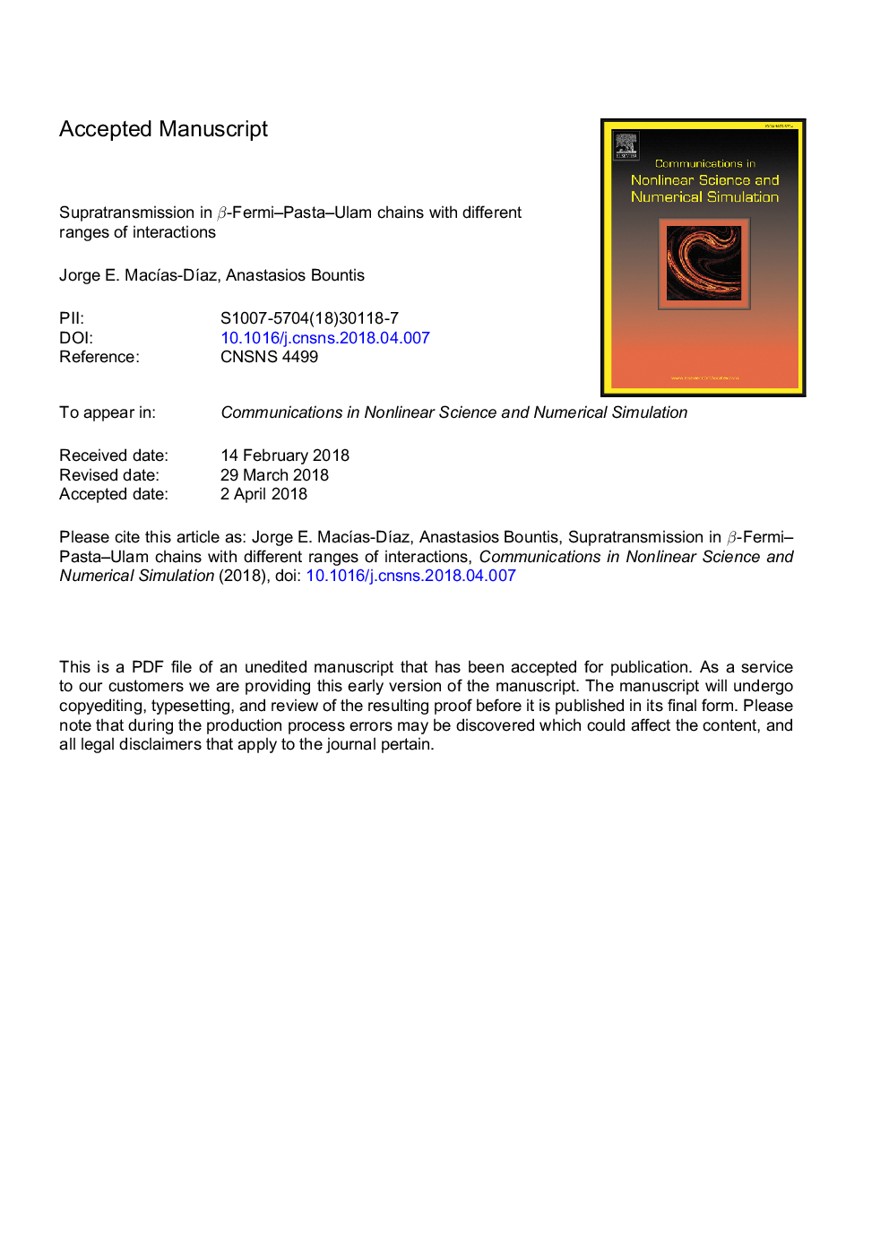 عکس صفحه اول مقاله: Supratransmission in β-Fermi-Pasta-Ulam chains with different ranges of interactions Supratransmission in β-Fermi-Pasta-Ulam chains with different ranges of interactions