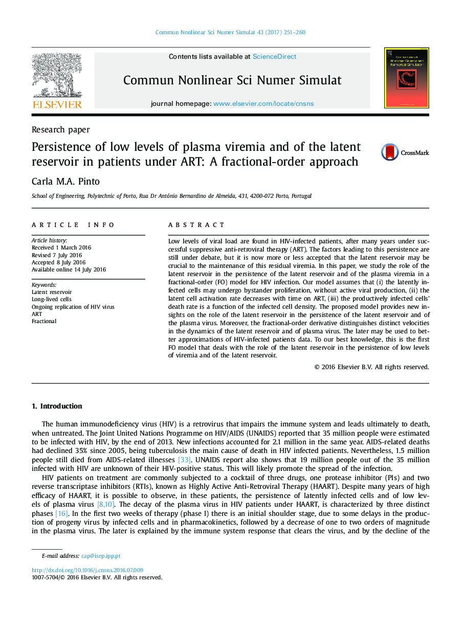 Persistence of low levels of plasma viremia and of the latent reservoir in patients under ART: A fractional-order approach