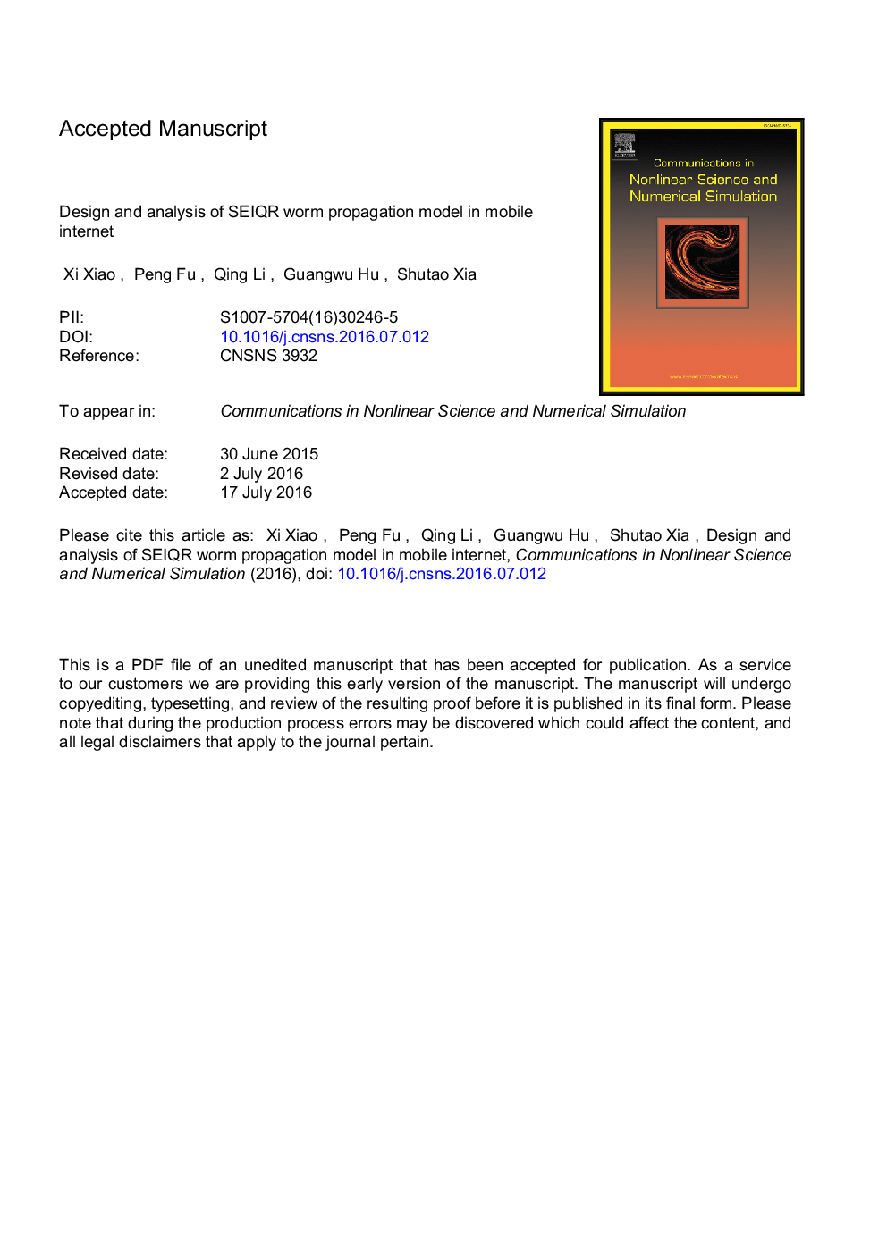 Design and analysis of SEIQR worm propagation model in mobile internet