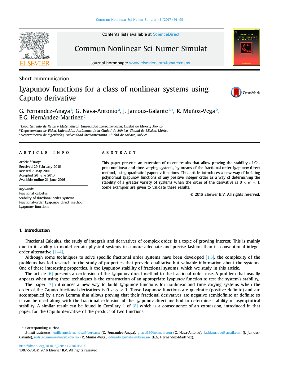 Lyapunov functions for a class of nonlinear systems using Caputo derivative