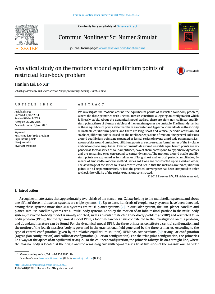 Analytical study on the motions around equilibrium points of restricted four-body problem