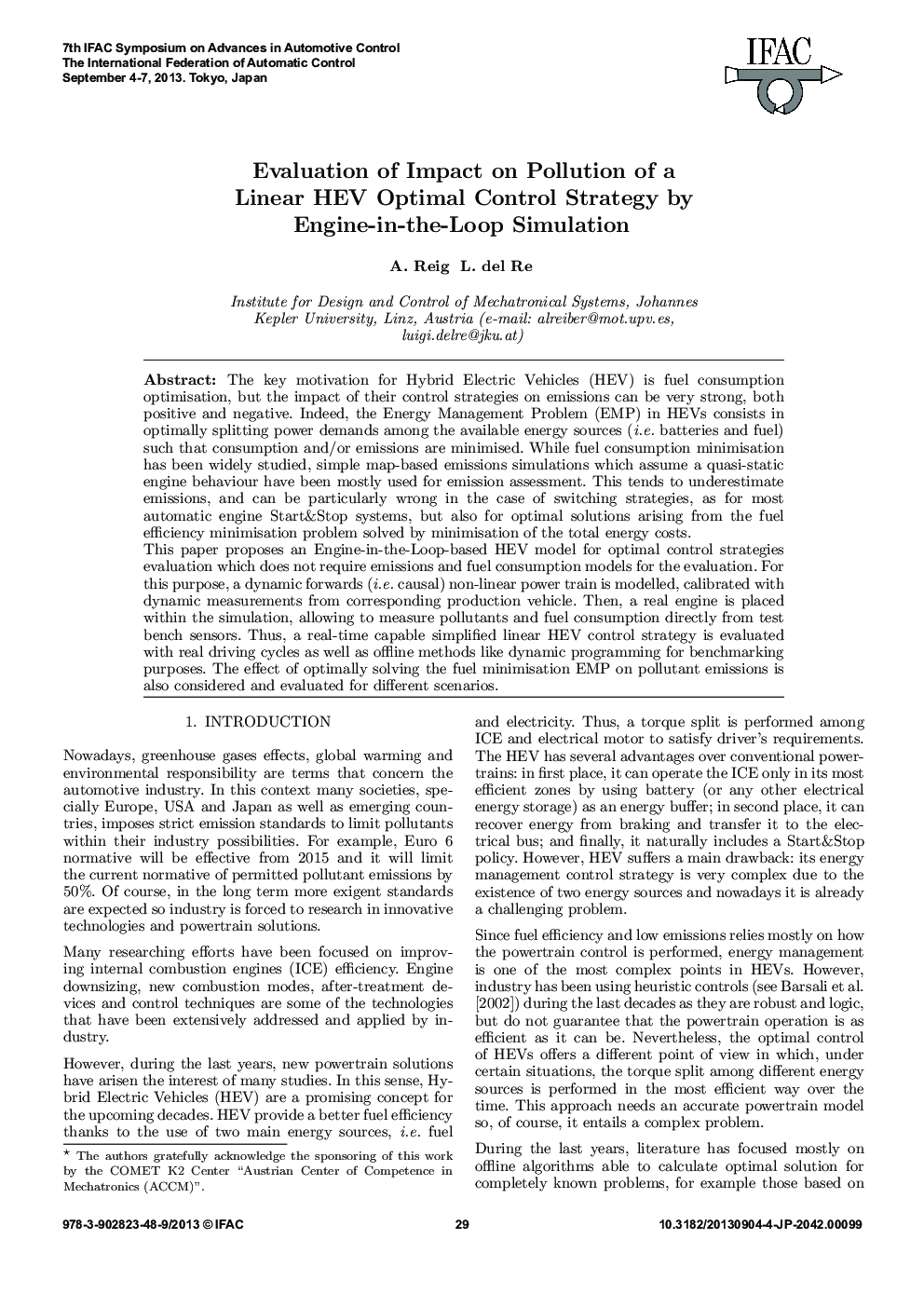 Evaluation of Impact on Pollution of a Linear HEV Optimal Control Strategy by Engine-in-the-Loop Simulation 