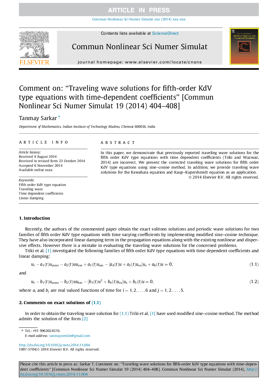 Comment on: “Traveling wave solutions for fifth-order KdV type equations with time-dependent coefficients” [Commun Nonlinear Sci Numer Simulat 19 (2014) 404-408]