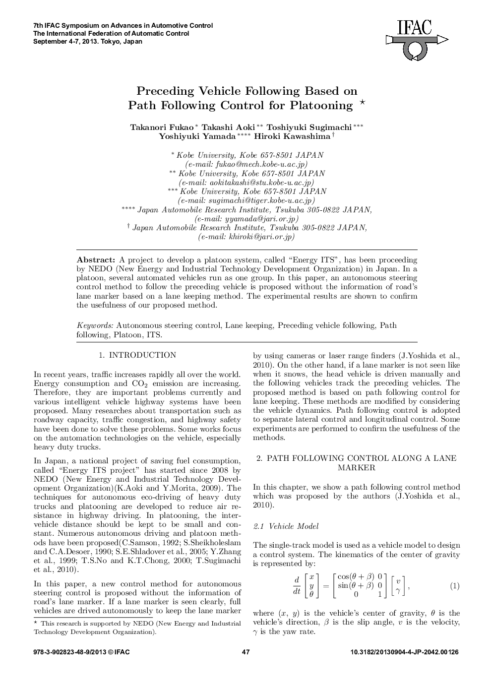 Preceding Vehicle Following Based on Path Following Control for Platooning 