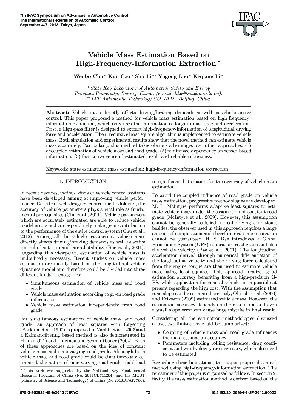 Vehicle Mass Estimation Based on High-Frequency-Information Extraction