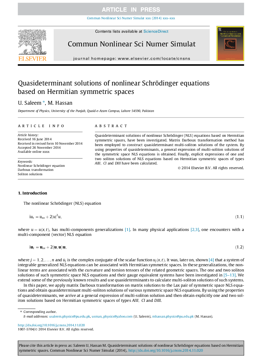 Quasideterminant solutions of nonlinear Schrödinger equations based on Hermitian symmetric spaces