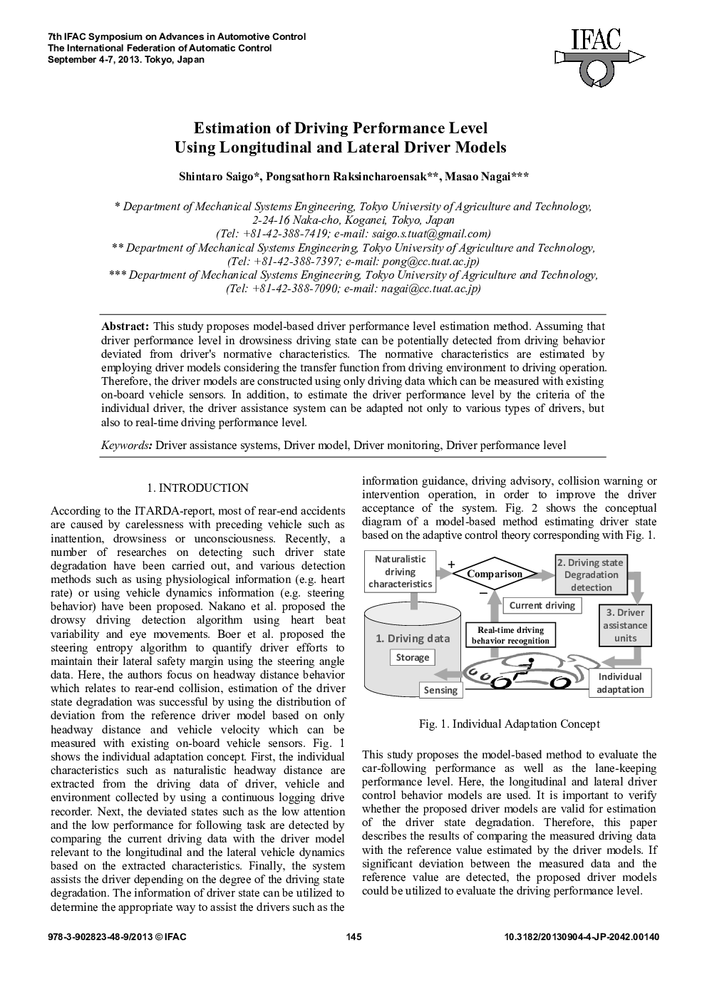 Estimation of Driving Performance Level Using Longitudinal and Lateral Driver Models