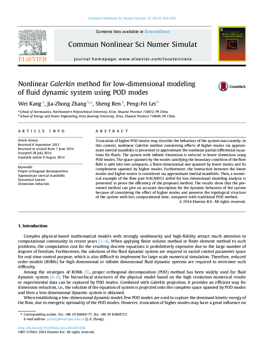 عکس صفحه اول مقاله: Nonlinear Galerkin method for low-dimensional modeling of fluid dynamic system using POD modes Nonlinear Galerkin method for low-dimensional modeling of fluid dynamic system using POD modes