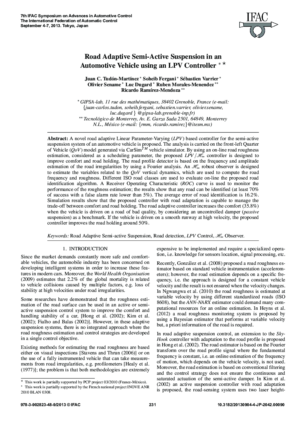 Road Adaptive Semi-Active Suspension in an Automotive Vehicle using an LPV Controller 