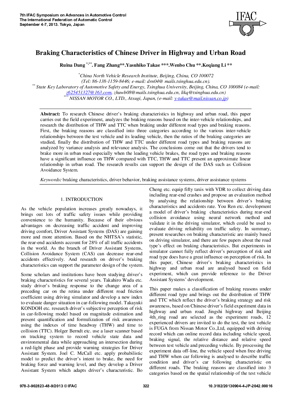 Braking Characteristics of Chinese Driver in Highway and Urban Road