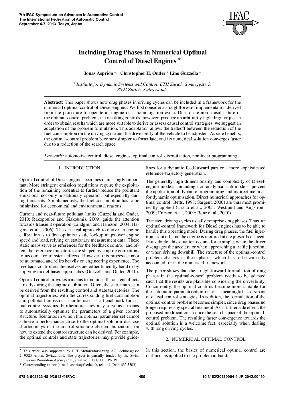 Including Drag Phases in Numerical Optimal Control of Diesel Engines 