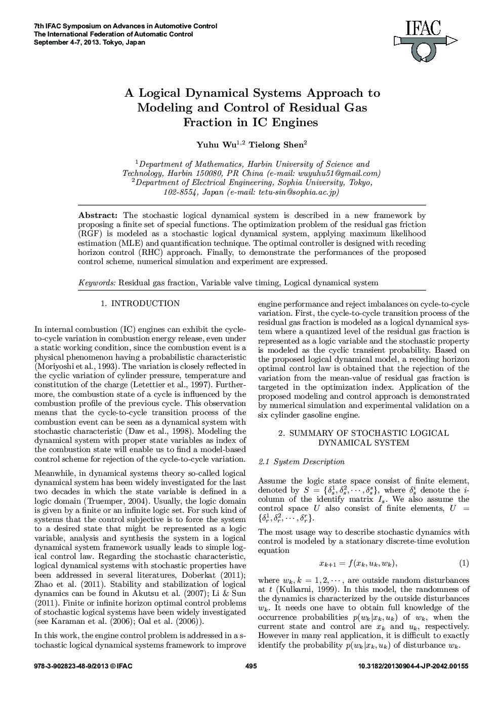 A Logical Dynamical Systems Approach to Modeling and Control of Residual Gas Fraction in IC Engines