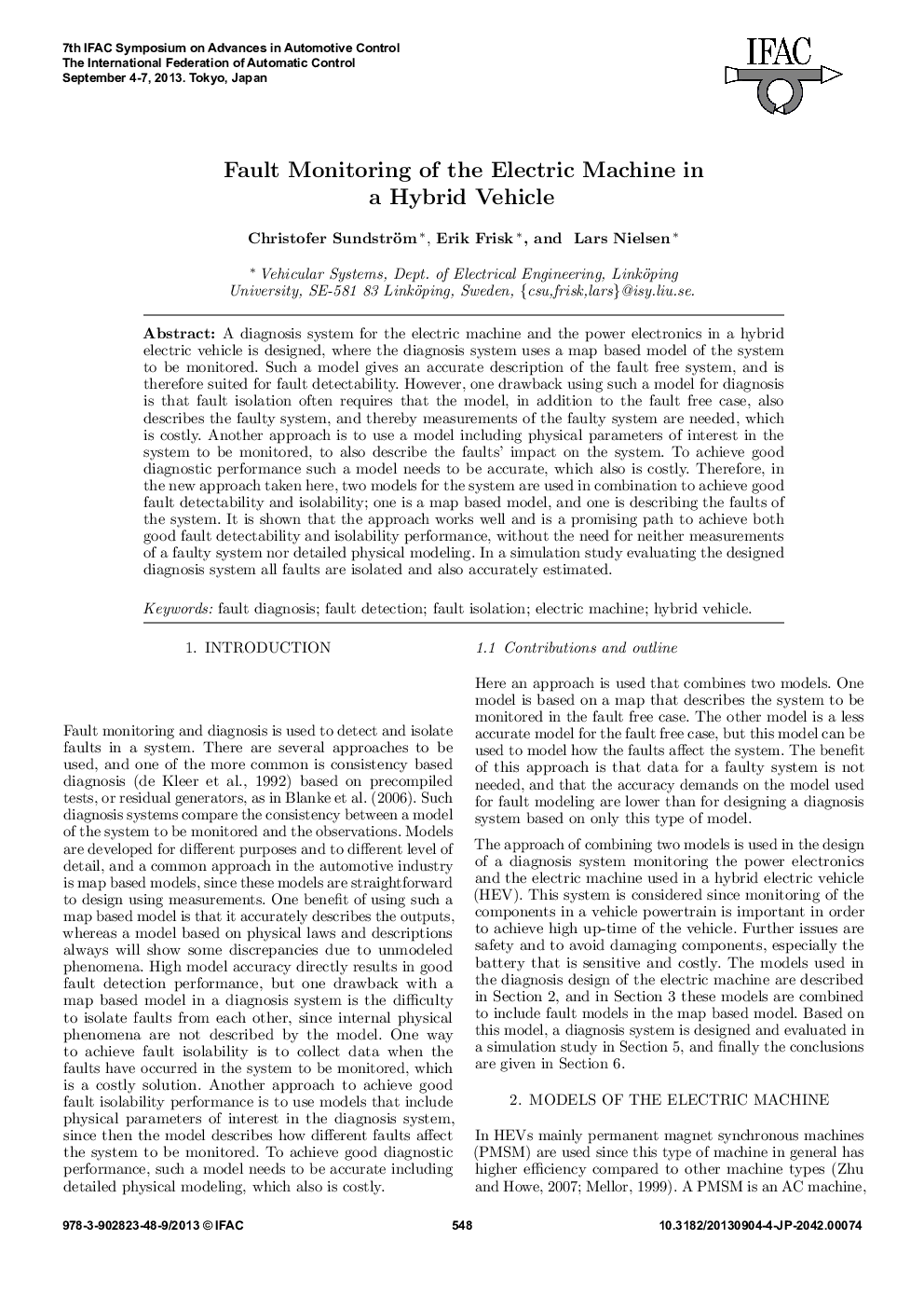 Fault Monitoring of the Electric Machine in a Hybrid Vehicle