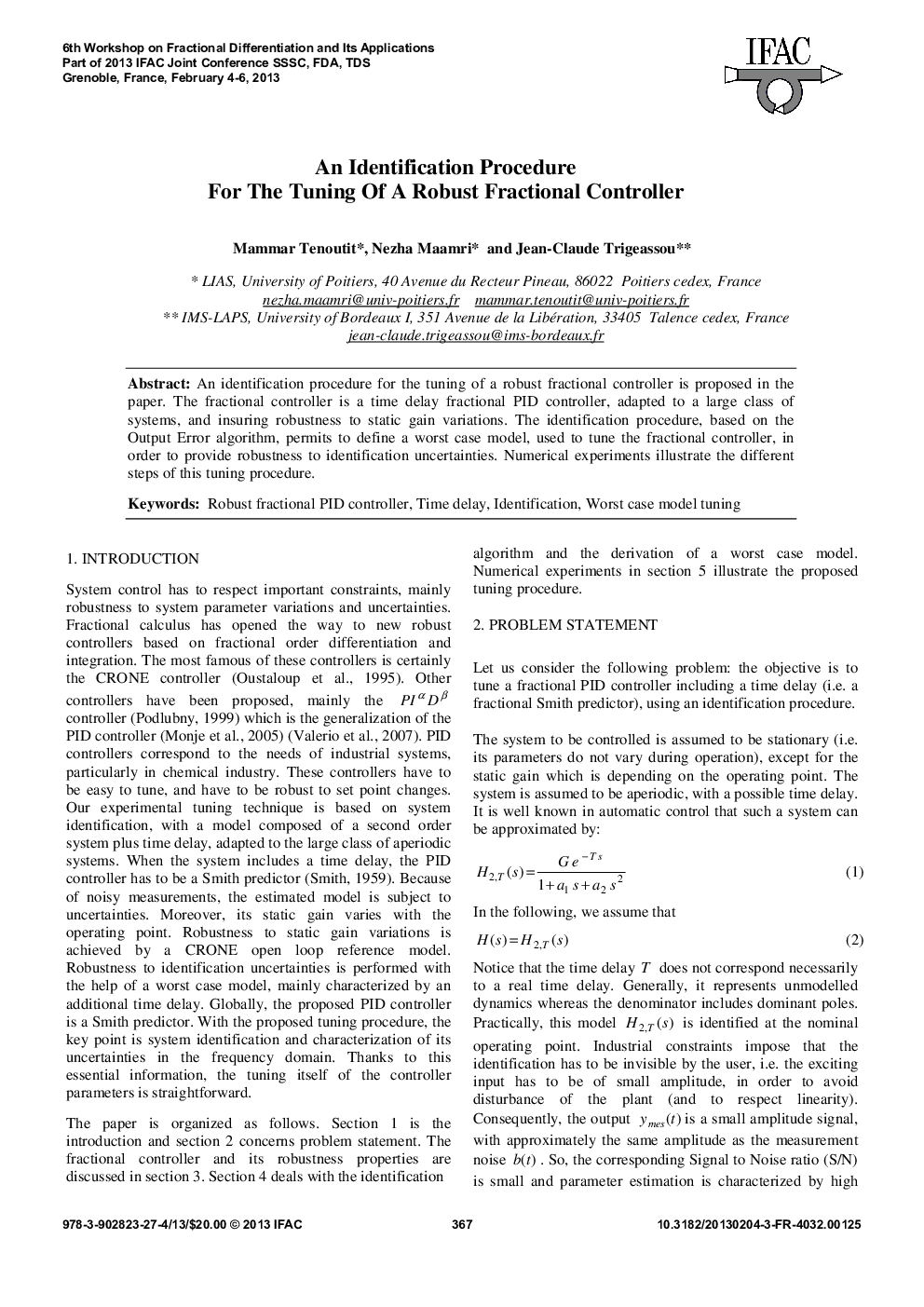An Identification Procedure For The Tuning Of A Robust Fractional Controller