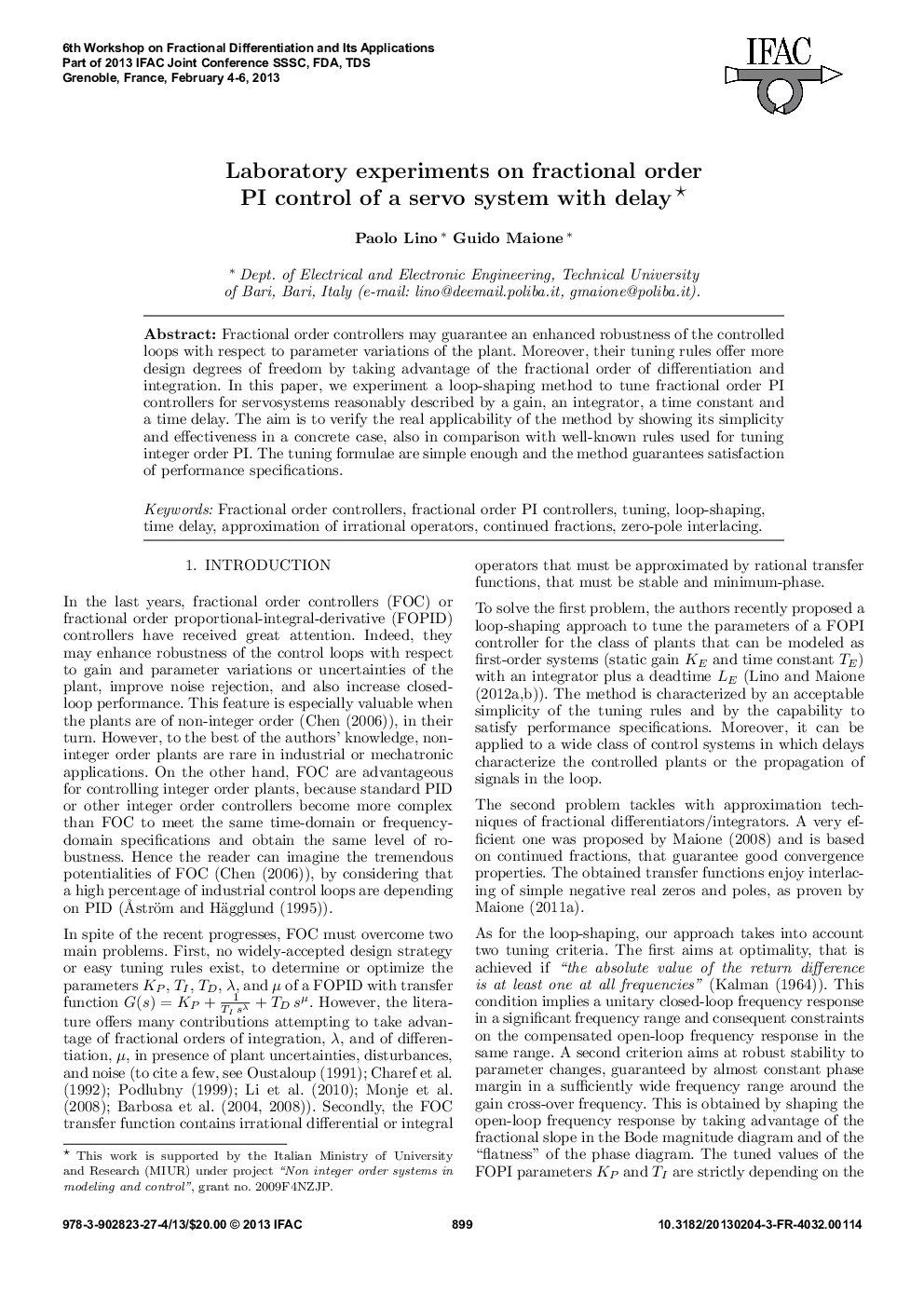 Laboratory experiments on fractional order PI control of a servo system with delay* 