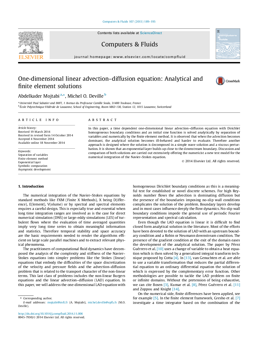 One-dimensional linear advection-diffusion equation: Analytical and finite element solutions