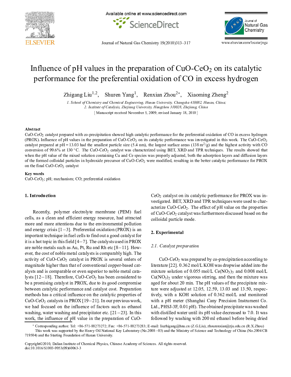عکس صفحه اول مقاله: Influence of pH values in the preparation of CuO-CeO2 on its catalytic performance for the preferential oxidation of CO in excess hydrogen Influence of pH values in the preparation of CuO-CeO2 on its catalytic performance for the preferential oxidation of CO in excess hydrogen