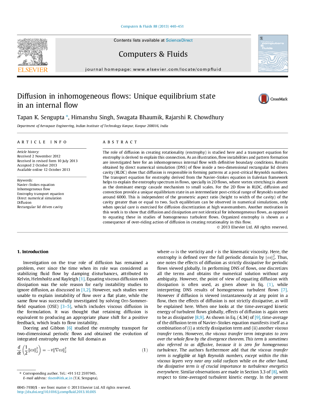 Diffusion in inhomogeneous flows: Unique equilibrium state in an internal flow