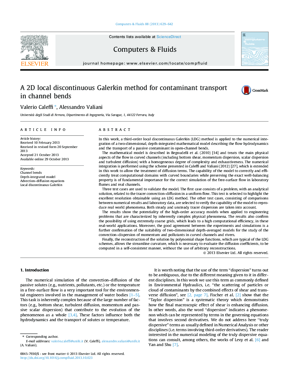 A 2D local discontinuous Galerkin method for contaminant transport in channel bends